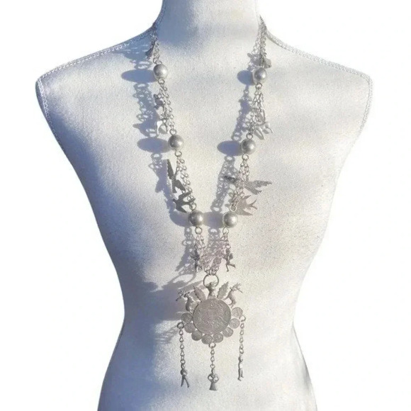 vintage Guatemala Milagro Silver Coin Necklace Butterfly Bee Deer Duck Quetzal - Picture 1 of 10